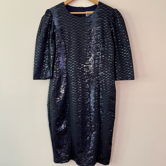 NEW Guillaume Navy Blue Luxe Sequin Dress with Puff Shoulder Size Large (bin 1Z) - Picture 3 of 8
